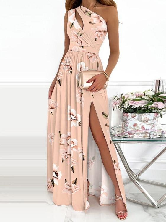 One-Shoulder Hollow High Slit Print Maxi Dress - LuckyFash™