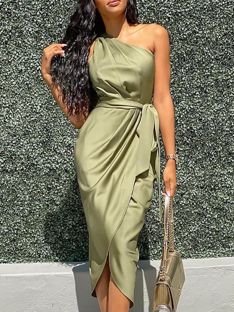 One Shoulder Ruched Slit Dress - LuckyFash™