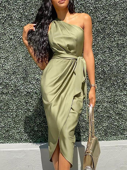 One Shoulder Ruched Slit Dress - LuckyFash™