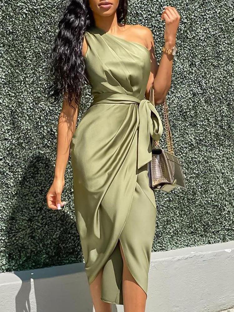 One Shoulder Ruched Slit Dress - LuckyFash™