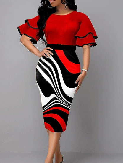 Women's Work Dress Sheath Dress Semi Formal Dress Fashion Flared Sleeve Midi Dress Ruffle Print Crew Neck Half Sleeve Color Block Sunflower Slim White Red Summer Spring S M L XL XXL - LuckyFash™