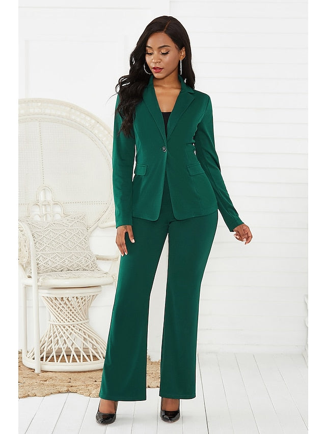 Women's Blazer Office Suit Pants Sets Basic Green Black Office Wear to work Solid Color Shirt Collar S M L XL - LuckyFash™