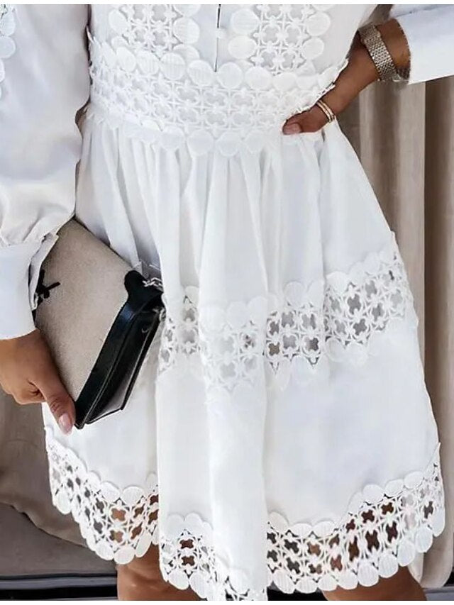 Women's A Line Dress Mini Dress White Long Sleeve Pure Color Lace Summer Spring Stand Collar Fashion Winter Dress Fall Dress 2023 S M L XL XXL 3XL - LuckyFash™