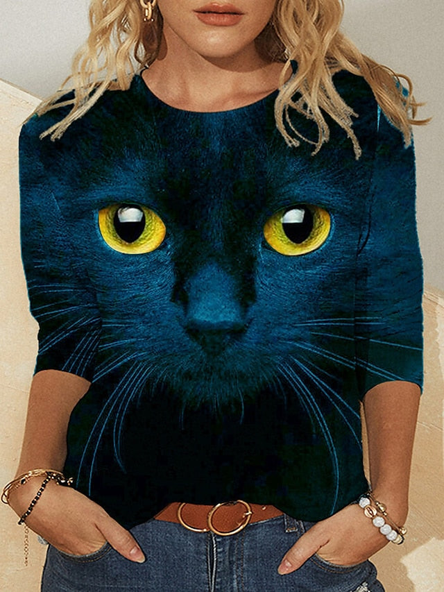 Women's T shirt Tee Black Blue Cat 3D Print Long Sleeve Daily Weekend Basic Round Neck Regular 3D Cat Painting S - LuckyFash™