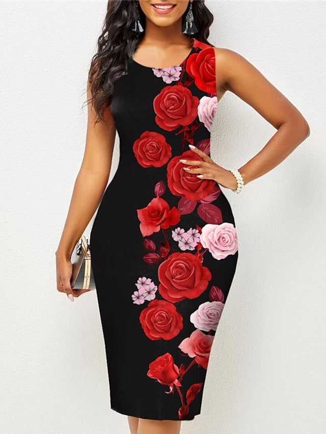 Women's Work Dress Bodycon Sheath Dress Midi Dress Black Wine Red Sleeveless Floral Print Spring Summer Crew Neck Fashion Date Summer Dress 2023 S M L XL XXL 3XL - LuckyFash™