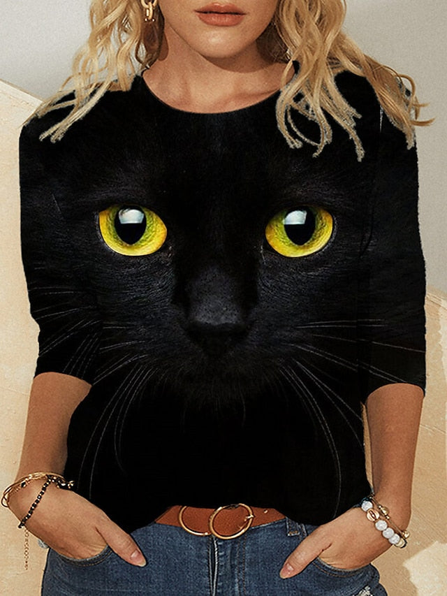 Women's T shirt Tee Black Blue Cat 3D Print Long Sleeve Daily Weekend Basic Round Neck Regular 3D Cat Painting S - LuckyFash™