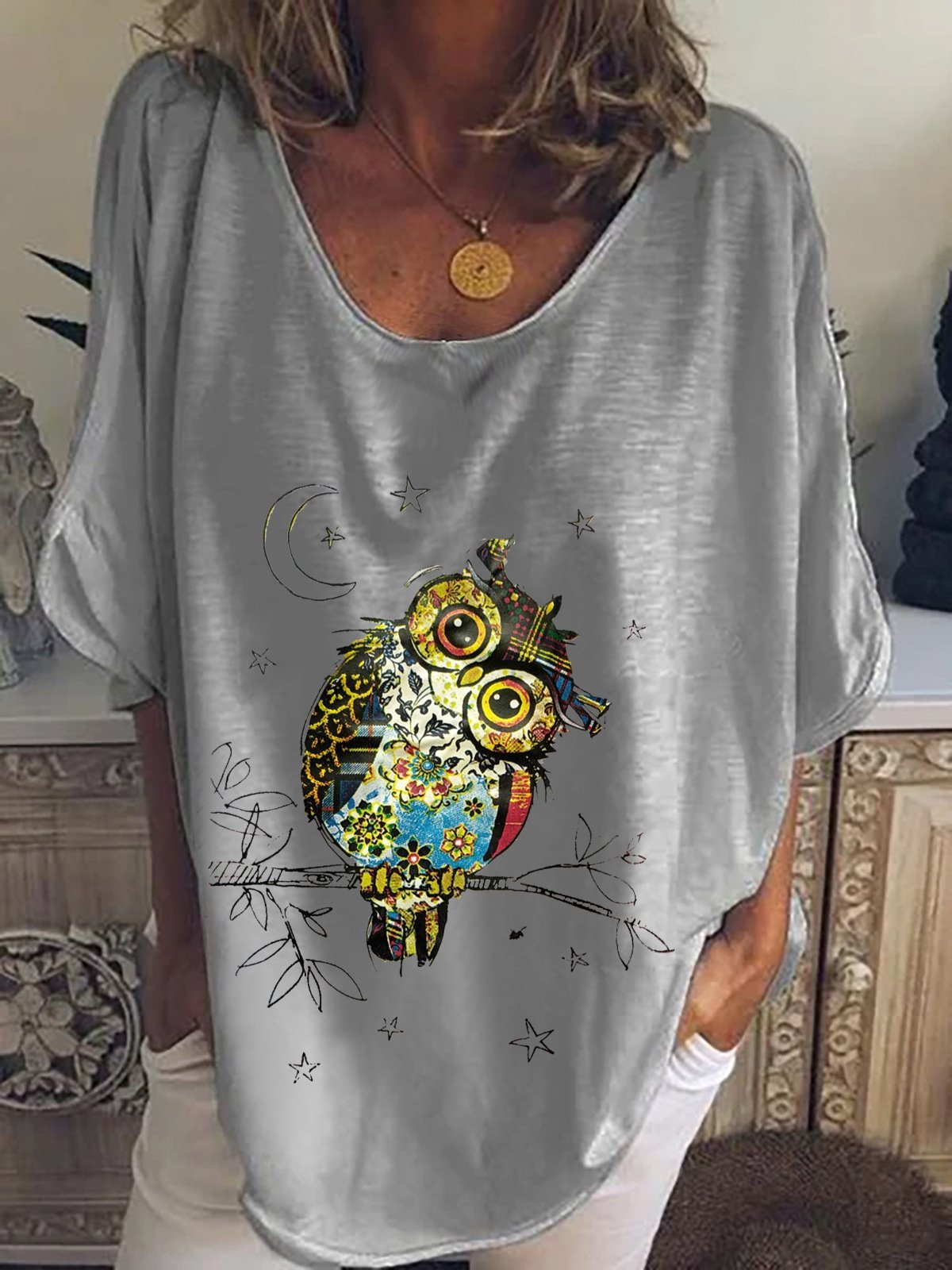 Owl Print Mid-sleeve T-shirt - LuckyFash™