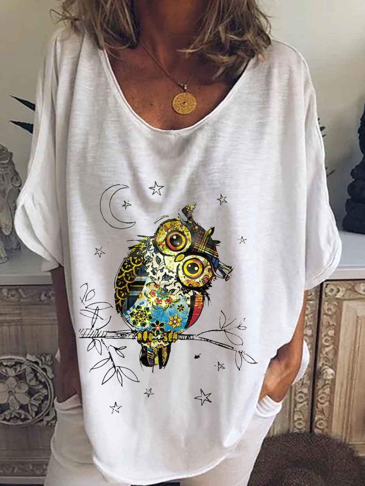 Owl Print Mid-sleeve T-shirt - LuckyFash™