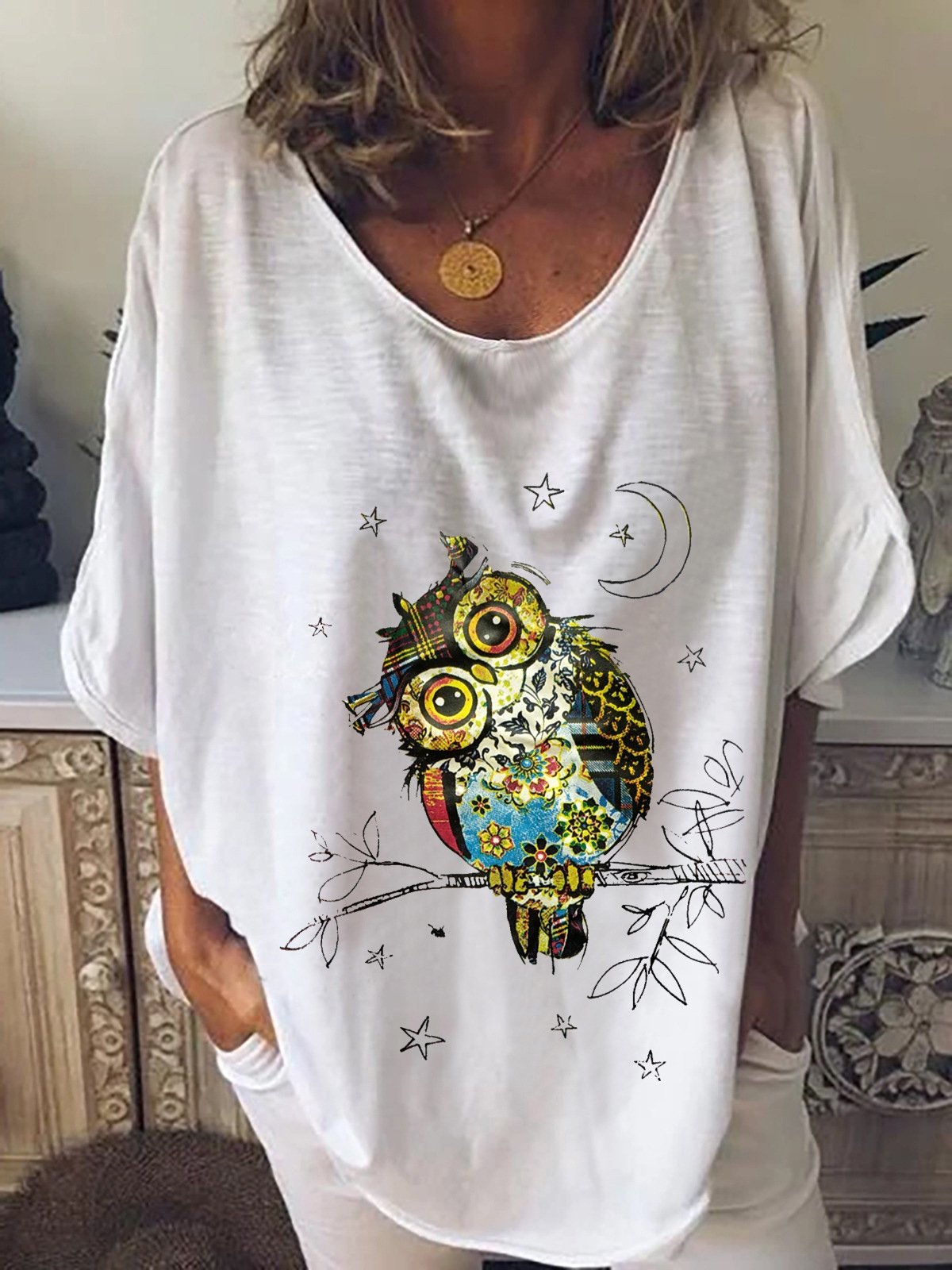 Owl Print Mid-sleeve T-shirt - LuckyFash™