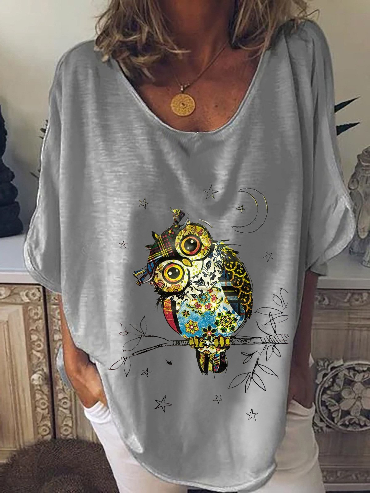 Owl Print Mid-sleeve T-shirt - LuckyFash™