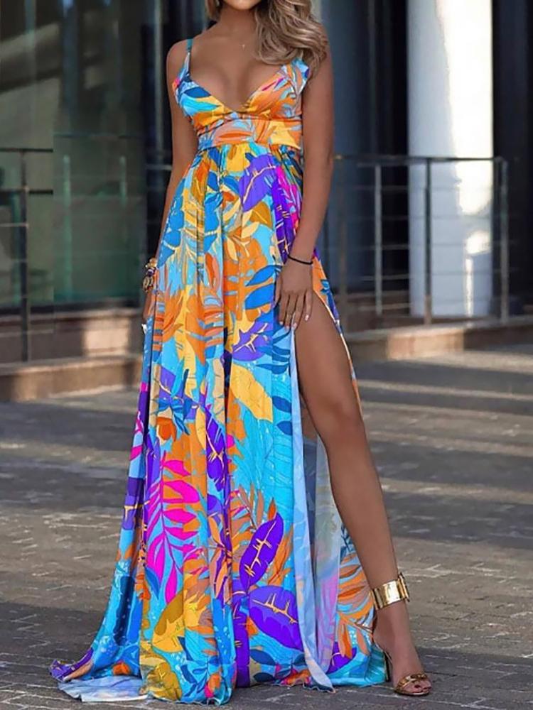 Palm Leaf Print High Slit Maxi Dress - LuckyFash™