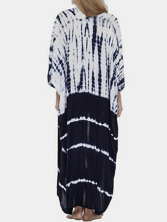 Women's Beach Dress Beach Wear Long Dress Maxi Dress Lace up Basic Casual Tie Dye Open Front 3/4 Length Sleeve Loose Fit Outdoor Daily Black White 2023 Summer Spring One Size - LuckyFash™