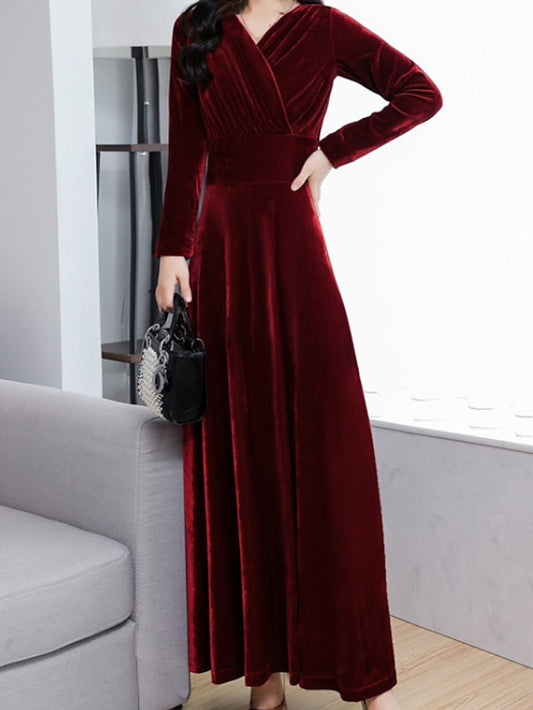 Women's Wedding Guest Dress Velvet Dress Red Midi Dress Purple Wine Royal Blue Black Long Sleeve Pure Color Ruched Winter Fall V Neck Modern Fall Dress 2023 M L XL XXL 3XL Winter Dress - LuckyFash™