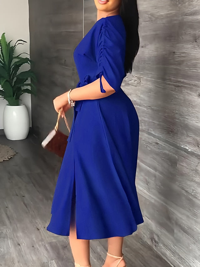 Women's Work Dress Swing Dress Semi Formal Dress Fashion Midi Dress Lace up Off Shoulder Long Sleeve Plain Loose Fit Black Red Blue Summer Spring S M L XL - LuckyFash™