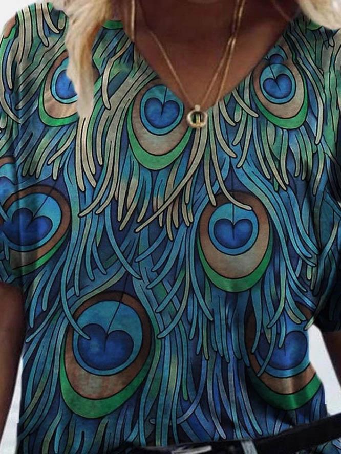 Peacock Feather Print Short-sleeved T-shirt - LuckyFash™