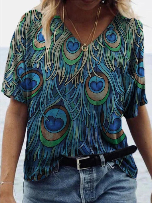Peacock Feather Print Short-sleeved T-shirt - LuckyFash™