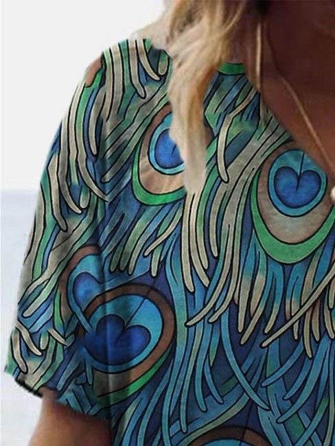 Peacock Feather Print Short-sleeved T-shirt - LuckyFash™