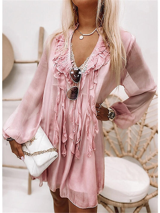 Women's Chiffon Dress Knee Length Dress Pink Gray Long Sleeve Solid Color Ruffle Summer Spring V Neck Casual Winter Dress Fall Dress 2023 S M L XL XXL - LuckyFash™