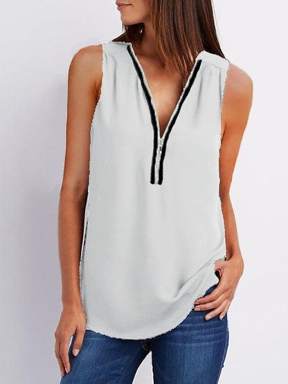 Zipper Up Tunic Vest Summer Casual Short Sleeve V Neck Half Tops Blouse for Women - LuckyFash™