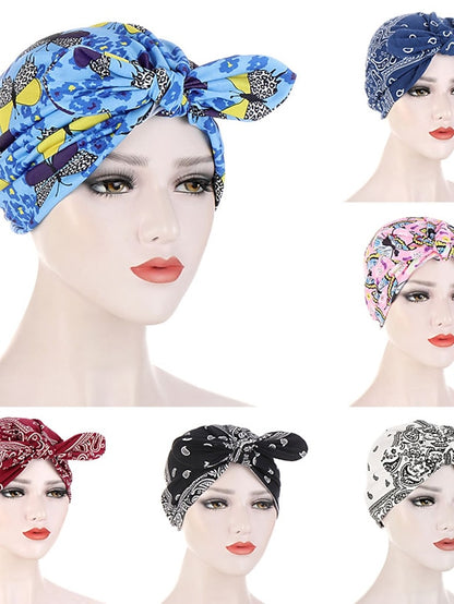 6 Colors New Fashion Bandanas Women Print Knotted Twist Turban Hat Twist Hijab Bonnet Cap India Hat Rabbit Ear Headband Muslim Hijab - LuckyFash™