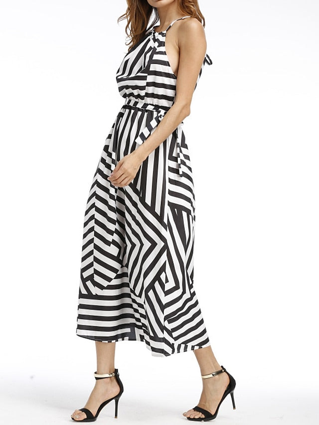 Women's Work Dress A Line Dress Fashion Long Dress Maxi Dress Print Halter Sleeveless Stripe Regular Fit Black Summer S M L XL - LuckyFash™