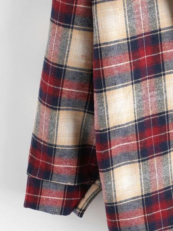 Plaid Buttoned Curved Hem Hooded Coat - LuckyFash™