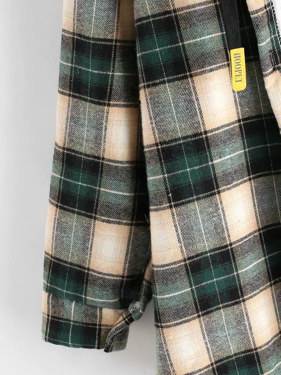 Plaid Buttoned Curved Hem Hooded Coat - LuckyFash™