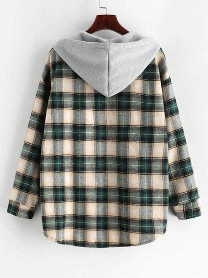 Plaid Buttoned Curved Hem Hooded Coat - LuckyFash™