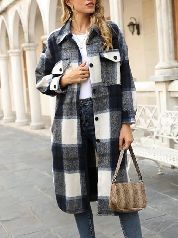 Plaid Pocket Drop Shoulder Slit Long Coat - LuckyFash™