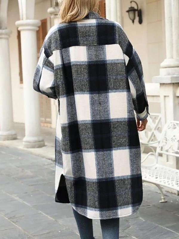 Plaid Pocket Drop Shoulder Slit Long Coat - LuckyFash™