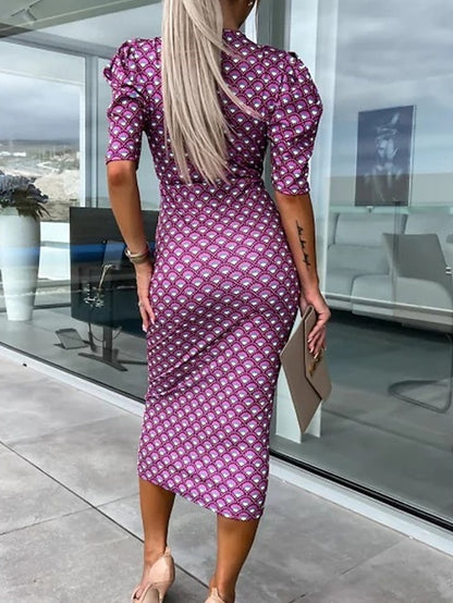 Women's Work Dress Sheath Dress Semi Formal Dress Fashion Puff Sleeve Midi Dress Print V Neck Short Sleeve Geometric Loose Fit Blue Purple Fuchsia Summer Spring S M L XL XXL - LuckyFash™