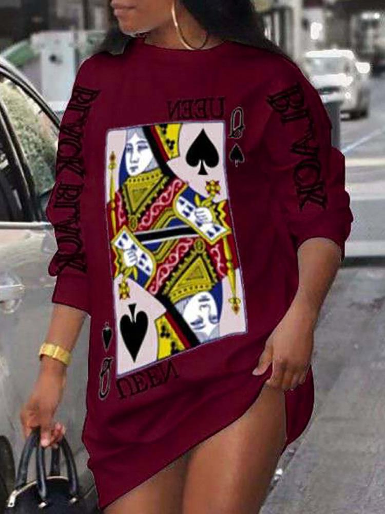 Poker Letter Print Long Sleeve Casual Dress - LuckyFash™