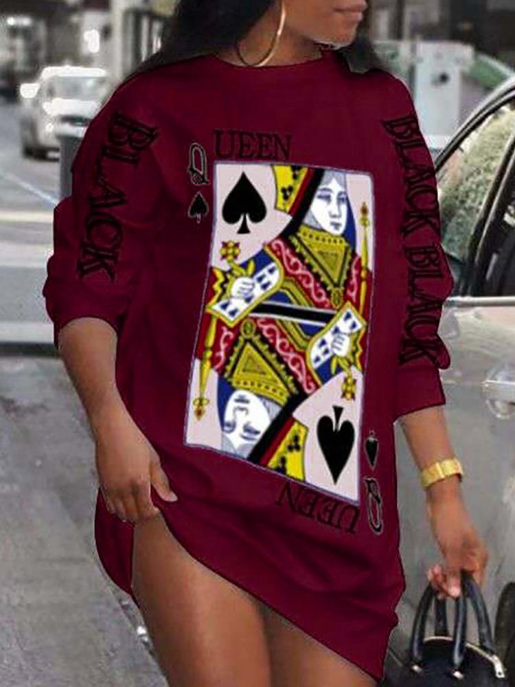 Poker Letter Print Long Sleeve Casual Dress - LuckyFash™