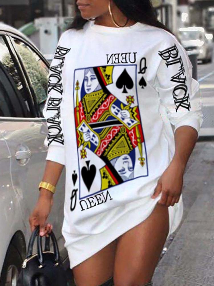 Poker Letter Print Long Sleeve Casual Dress - LuckyFash™