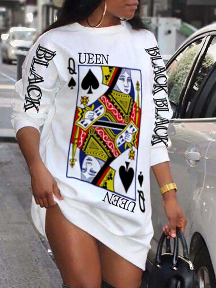 Poker Letter Print Long Sleeve Casual Dress - LuckyFash™