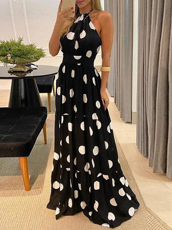 Polka Dot Halterneck Sleeveless Tunic Dress - LuckyFash™