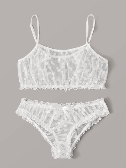 Polka Dot Mesh Frill Trim Lingerie Set - LuckyFash™