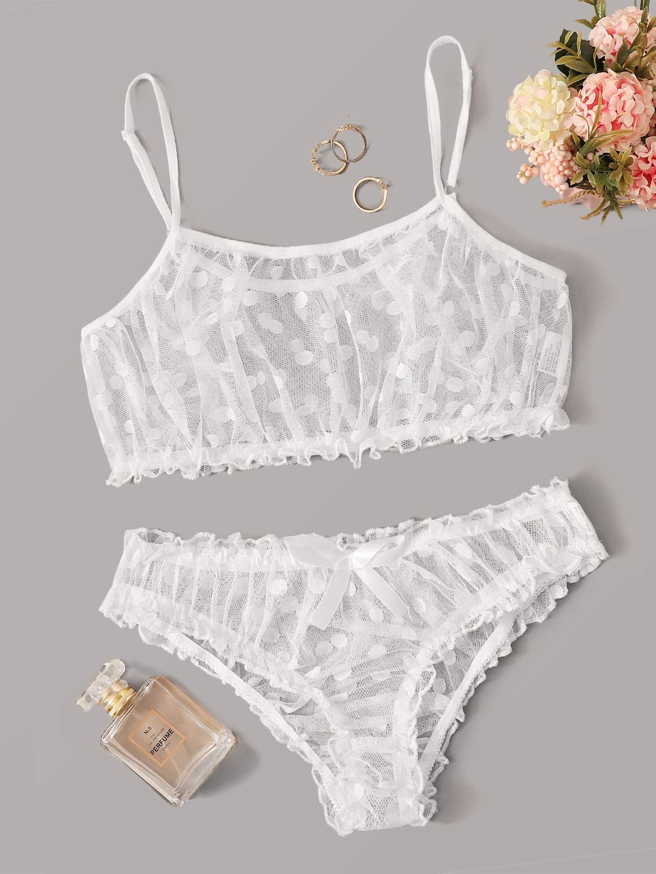 Polka Dot Mesh Frill Trim Lingerie Set - LuckyFash™