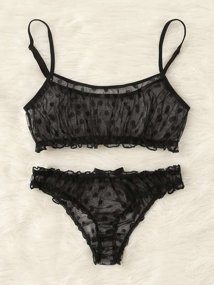Polka Dot Mesh Frill Trim Lingerie Set - LuckyFash™