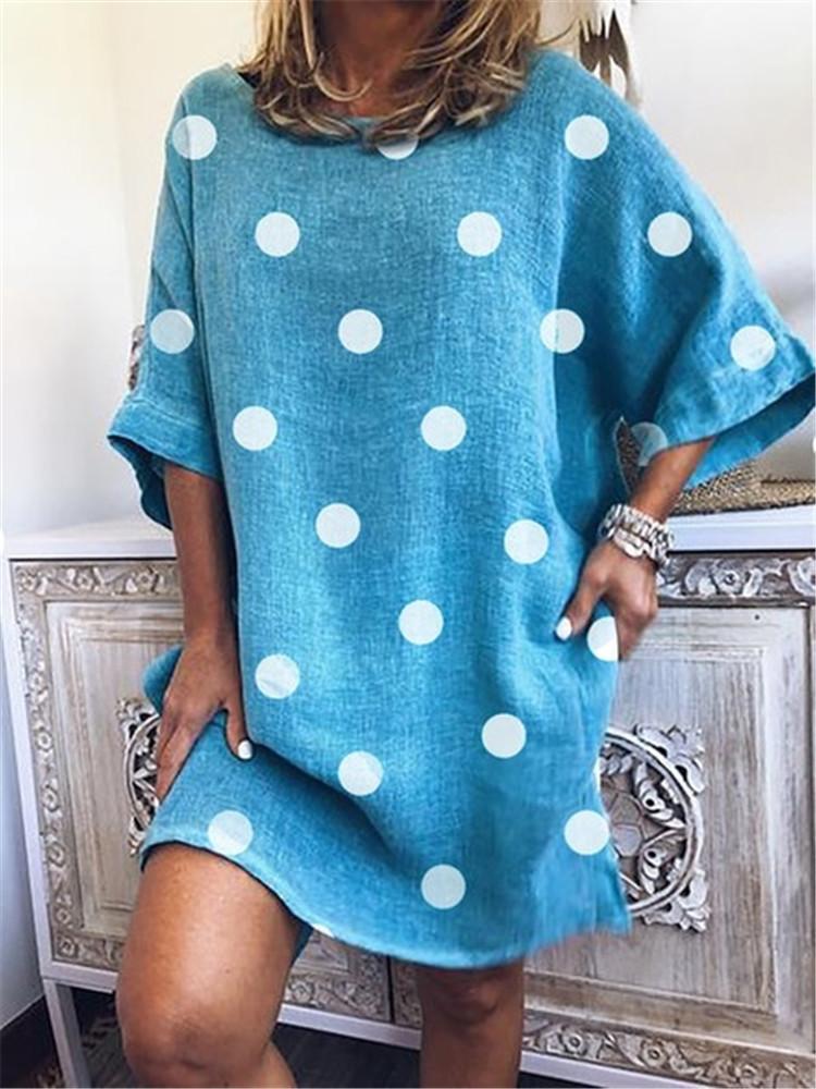 Polka Dot Print Round Neck Loose Short Sleeve Dress - LuckyFash™
