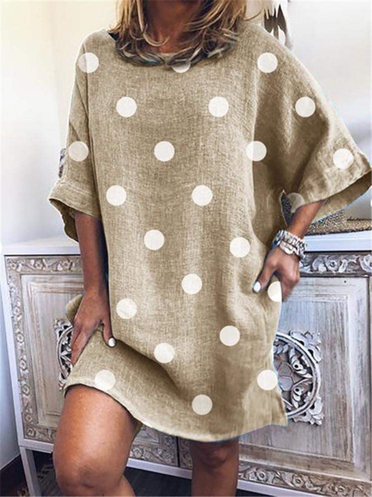 Polka Dot Print Round Neck Loose Short Sleeve Dress - LuckyFash™