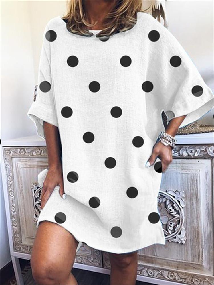 Polka Dot Print Round Neck Loose Short Sleeve Dress - LuckyFash™