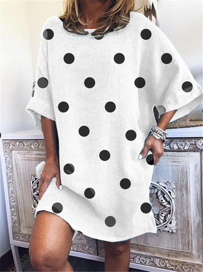 Polka Dot Print Round Neck Loose Short Sleeve Dress - LuckyFash™
