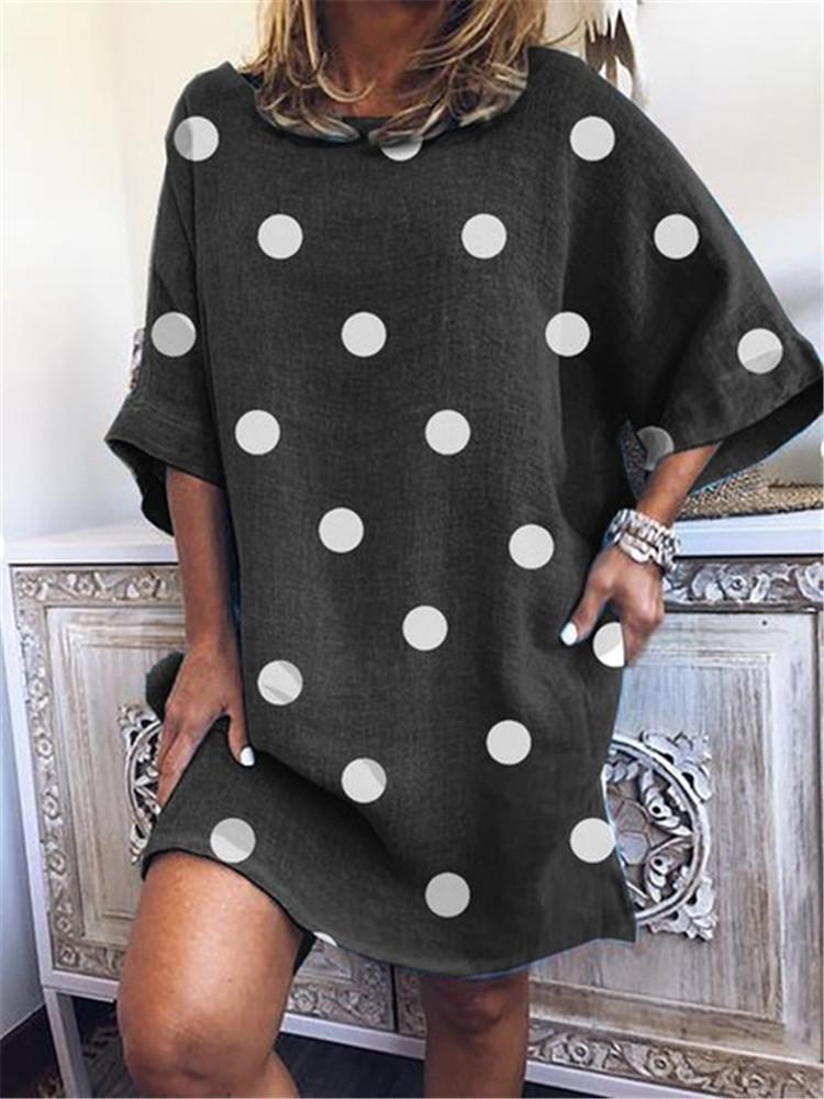 Polka Dot Print Round Neck Loose Short Sleeve Dress - LuckyFash™