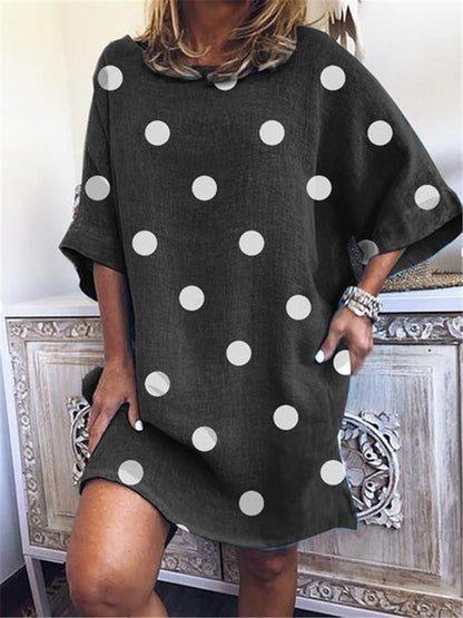 Polka Dot Print Round Neck Loose Short Sleeve Dress - LuckyFash™