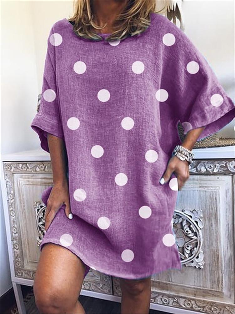Polka Dot Print Round Neck Loose Short Sleeve Dress - LuckyFash™