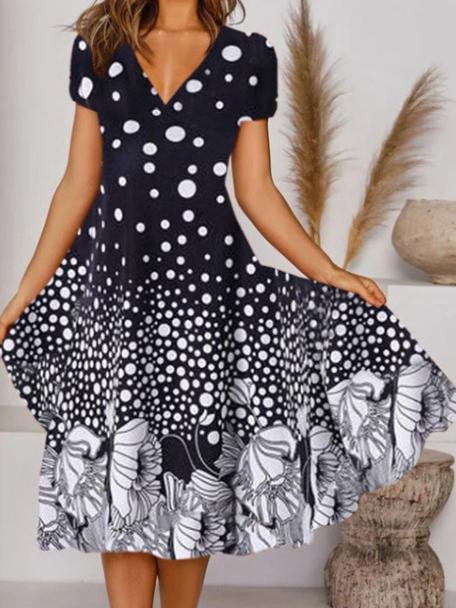 Polka Dot Print Short Sleeve V-Neck Beach Dress - LuckyFash™