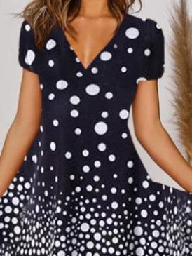 Polka Dot Print Short Sleeve V-Neck Beach Dress - LuckyFash™