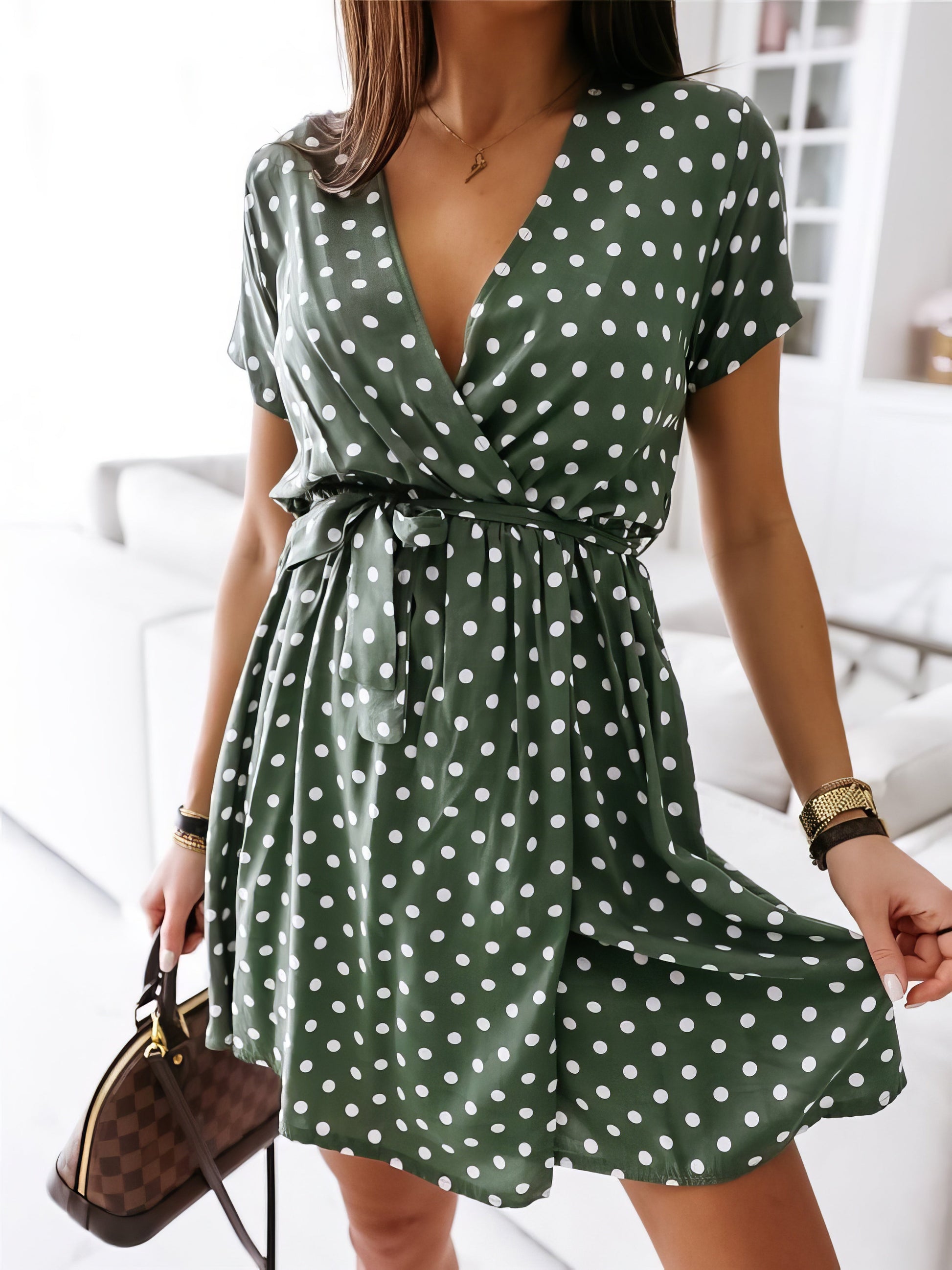 Polka Dot Short Sleeve V Neck Mini Dress - LuckyFash™