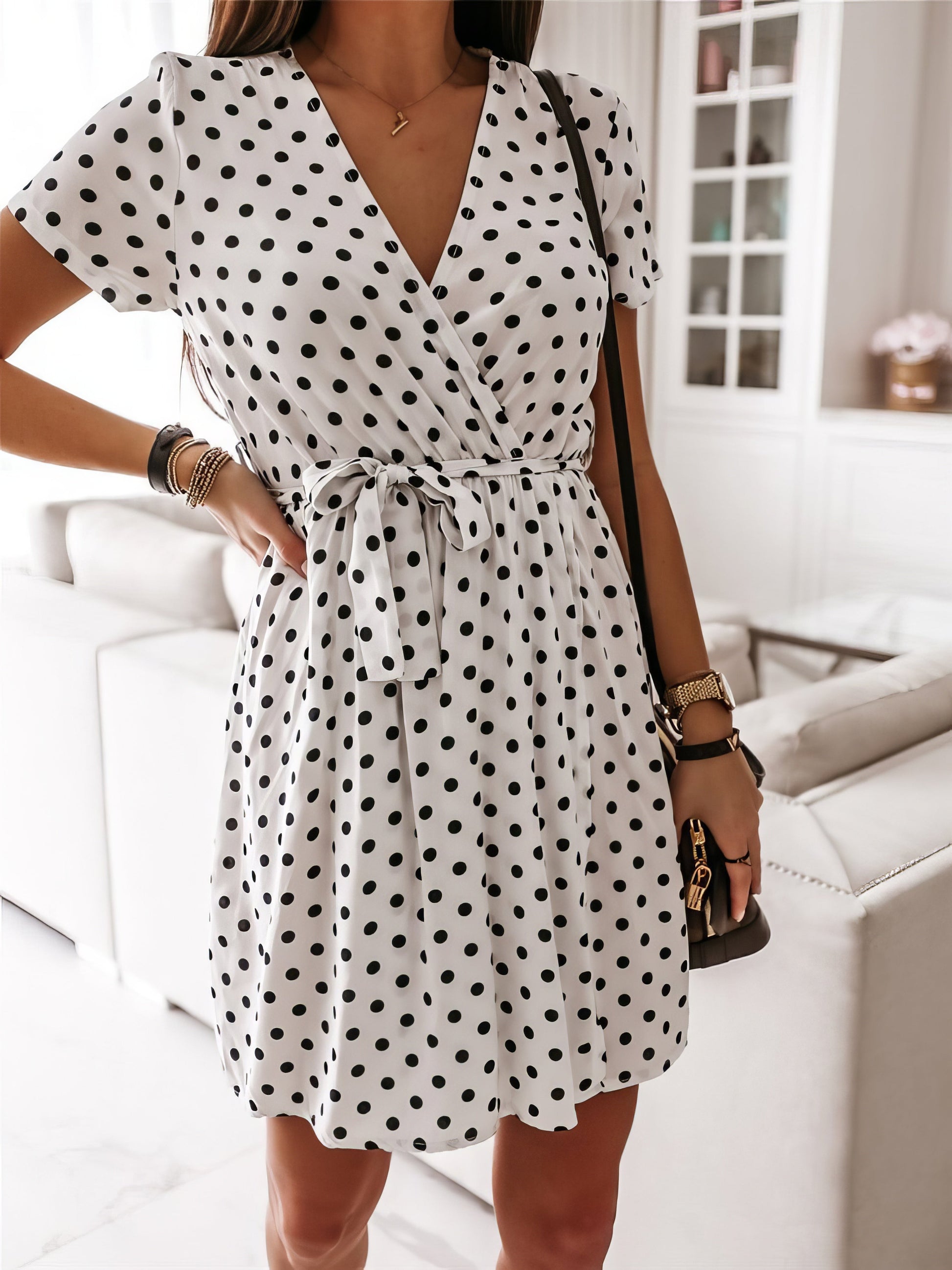 Polka Dot Short Sleeve V Neck Mini Dress - LuckyFash™